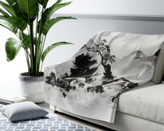 Mount Fuji Blanket | Vintage Throw, Japanese Bedding, Black and White Home Decor