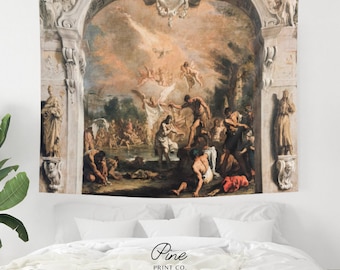 Greek Catholic Jesus Tapestry | Religious Vintage Wall Hanging, Fine Art Painting Accent Piece