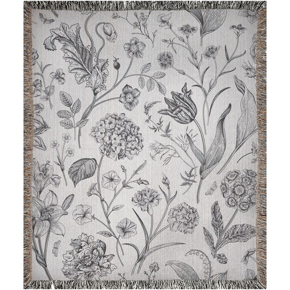 Boho Blanket, Botanical Blanket, Woven Blanket, Plant Woven Blanket, Botanical Bedding, Vintage Blanket, Plant Lover Gift, Boho Botanical