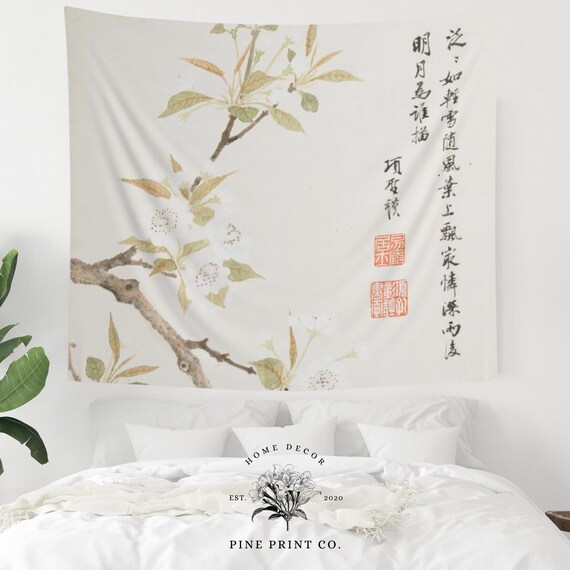 Asian Tapestry, White Tapestry, Floral Tapestry, Chinese Decor, Floral Wall Hanging, Chinese Flowers, Asian Decor, Vintage Tapestry