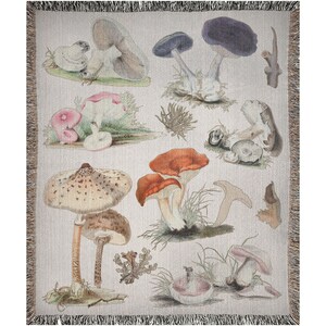 May include: A tapestry featuring a variety of mushrooms in different colors and shapes, including red, brown, white, and purple. The mushrooms are depicted in a realistic style and are surrounded by green foliage.