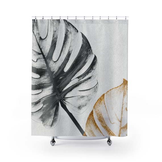 Monstera Shower Curtain, Gold Shower Curtain, Plant Bathroom, Gold Bathroom, Plant Curtain, Botanical Bathroom, Leaf Curtain, Gold Curtain