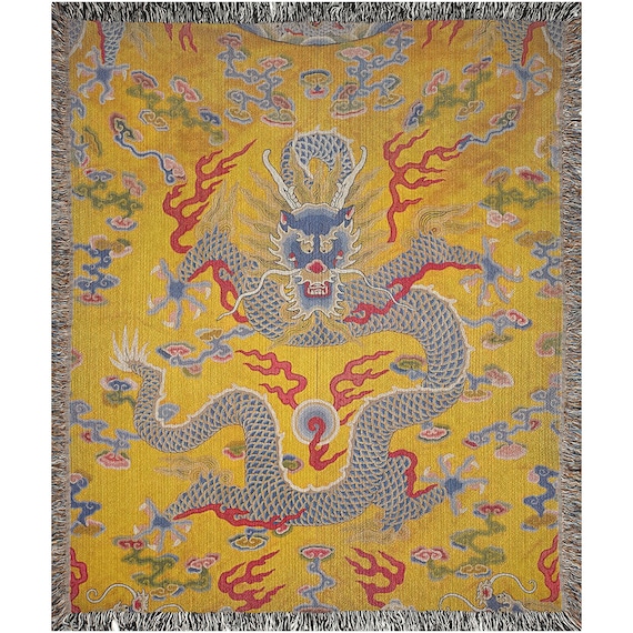 Dragon Blanket, Woven Blanket, Yellow Blanket, Asian Blanket, Chinese Blanket, Dragon Decor, Dragon Art, Yellow Dragon, Vintage Blanket