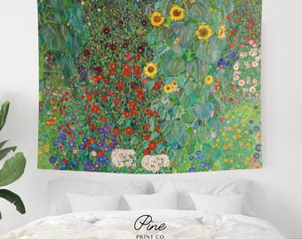 Wandteppich „Sonnenblumengarten“ von Gustav Klimt | Botanischer Wandbehang, Kunstobjekt