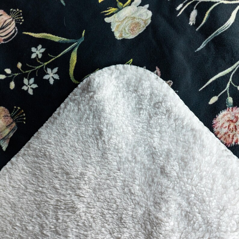Black Floral Sherpa Blanket | Botanical Boho Pattern Fleece Throw, Cottagecore Inspired Plush Essential image 3