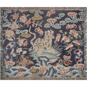 Chinese Asian Tiger Woven Blanket | Vintage Wildlife Cotton Throw, Jungle Wild Cat Wall Tapestry 50x60 inch