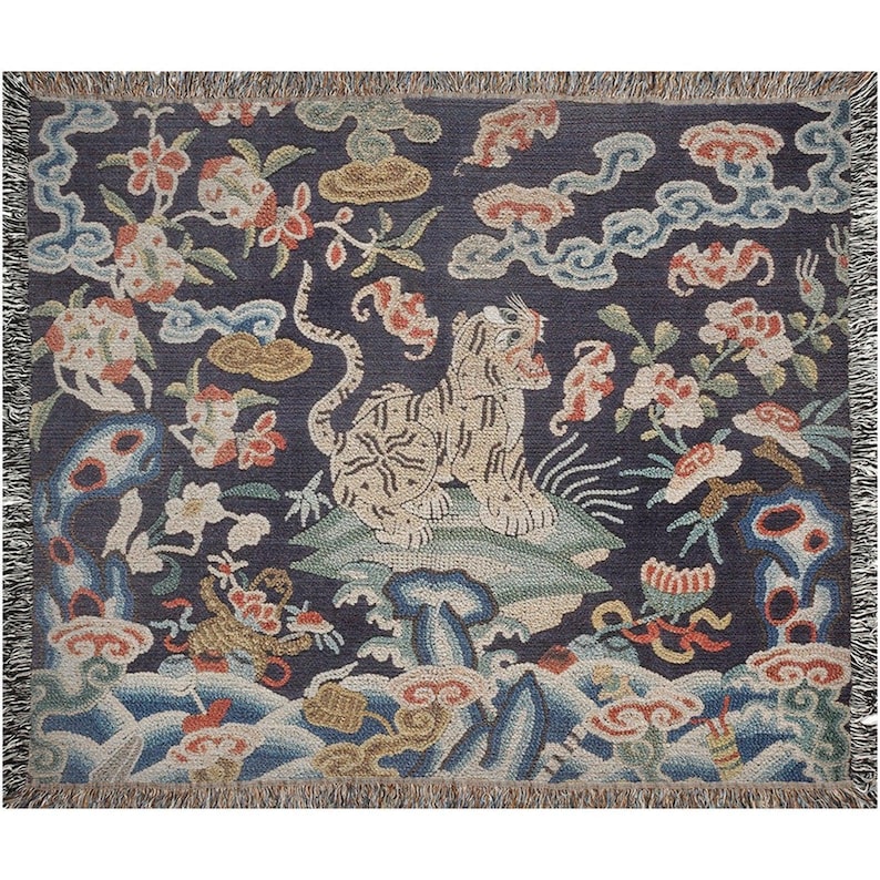 Chinese Asian Tiger Woven Blanket | Vintage Wildlife Cotton Throw, Jungle Wild Cat Wall Tapestry 50x60 inch