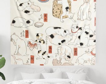 Japanese Cat Tapestry | Vintage Asian Art Wall Hanging, Utagawa Hiroshige