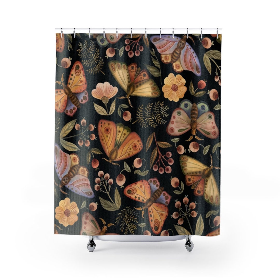 Moth Shower Curtain, Black Shower Curtain, Botanical Decor, Moth Decor ...