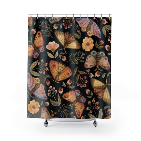 Moth Shower Curtain, Black Shower Curtain, Botanical Decor, Moth Decor, Moth Watercolor, Floral Watercolor, Plant Shower Curtain