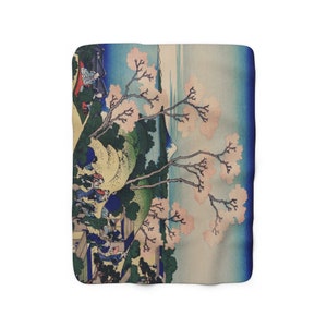 Japanese Sherpa Blanket, Cherry Blossom Blanket, Japan Blanket, Blue Pink Blanket, Japanese Art Blanket, Vintage Blanket, Japan Home Decor 50" × 60"