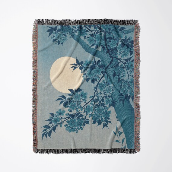 Blue Woven Blanket, Moon Blanket, Japanese Blanket, Blue Throw, Tree Blanket, Japanese Decor, Full Moon Decor, Ohara Koson, Nature Blanket