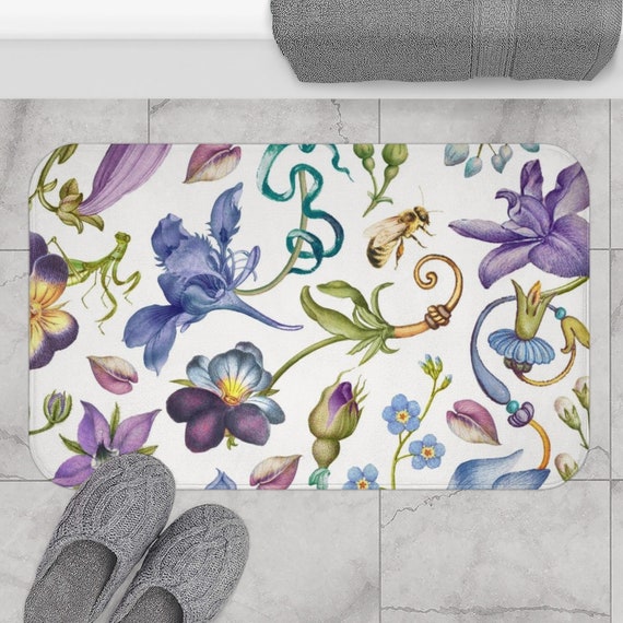 White Bath Mat, Purple Bath Mat, Bee Decor, Purple Bathroom, Floral Bathroom, Nature Bath Mat, Nature Bathroom, Purple Flowers