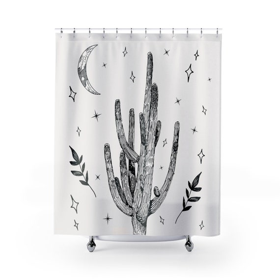 Desert Shower Curtain, Desert Decor, Desert Moon, Cactus Bathroom, Saguaro Decor, Desert Bathroom, White Shower Curtain, Boho Bathroom