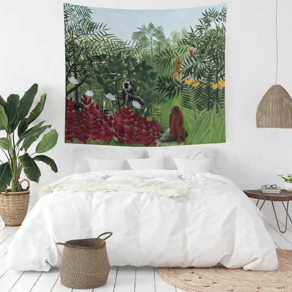 Tropical Tapestry, Jungle Decor, Botanical Tapestry, Monkey Wall Art, Henri Rousseau, Botanical Painting, Tropical Wall Art, Tropical Decor