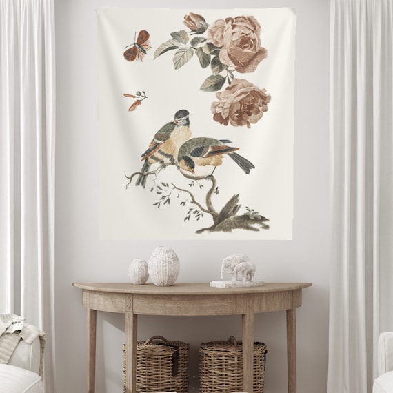Nature Tapestry, Rose Decor, Bird Tapestry, Tit Bird, Bird Wall Art, Floral Tapestry, Bird Painting, Rose Art, Bird Decor, Pink Tapestry