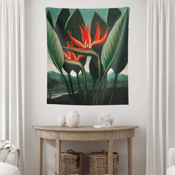 Botanical Tapestry, Tropical Tapestry, Nature Tapestry, Bird of Paradise, Red Flower, Vintage Tapestry, Tropical Decor, Jungle Tapestry
