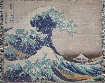 Art Woven Blanket, Japanese Blanket, Ocean Blanket, Hokusai Wave, Vintage Blanket, Boho Blanket, Blue Woven Blanket, Japanese Decor