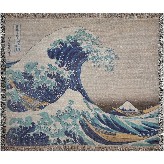 Art Woven Blanket, Japanese Blanket, Ocean Blanket, Hokusai Wave, Vintage Blanket, Boho Blanket, Blue Woven Blanket, Japanese Decor