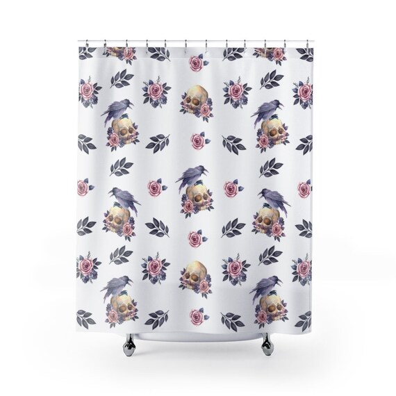 Skull Shower Curtain, Witchy Decor, White Shower Curtain, Goth Shower Curtain,, Witch Shower Curtain, Halloween Decor, Gothic Decor