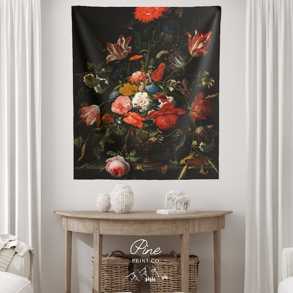 Floral Tapestry, Vintage Tapestry, Black Tapestry, Abraham Mignon, Nature Tapestry, Black Floral, Vintage Flowers, Botanical Tapestry