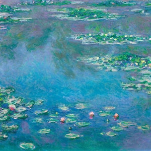May include: A painting of a pond with water lilies. The water is a vibrant blue-green color, and the lilies are a soft pink. The painting is done in a style that is reminiscent of Impressionism.