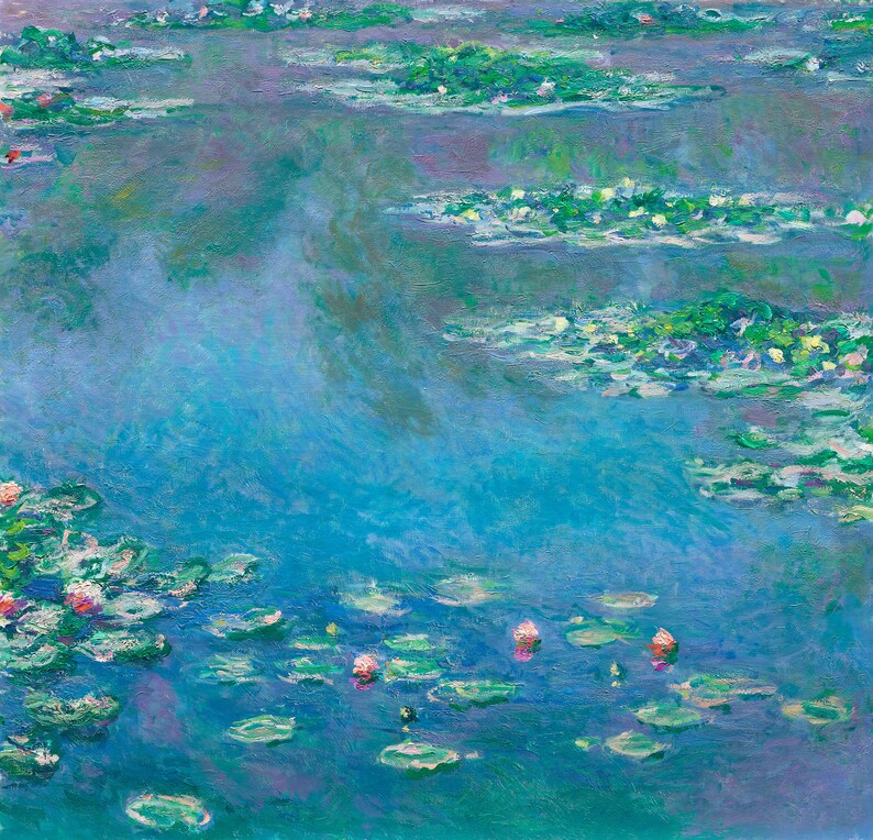 May include: A painting of a pond with water lilies. The water is a vibrant blue-green color, and the lilies are a soft pink. The painting is done in a style that is reminiscent of Impressionism.