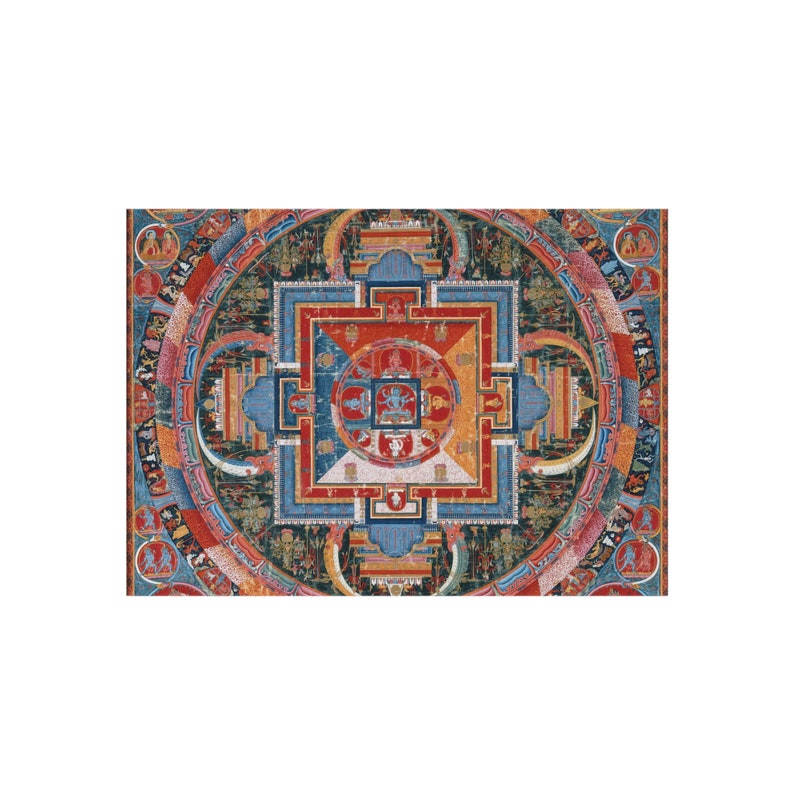May include: A colorful mandala with intricate details and geometric patterns. The mandala is surrounded by a circular border with figures and symbols. The colors include red, blue, green, yellow, and white.