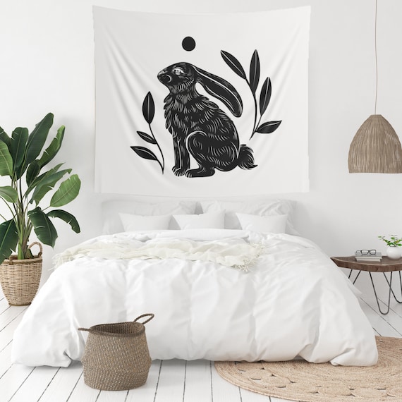 Boho Tapestry, Rabbit Wall Art, Rabbit Decor, Animal Tapestry, Nature Tapestry, Botanical Tapestry, Black Rabbit, Nature Wall Hanging