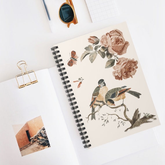 Bird Notebook, Spiral Notebook, Tit Bird, Pink Notebook, Rose Notebook, Floral Notebook, Vintage Bird, Bird Journal, Boho Notebook