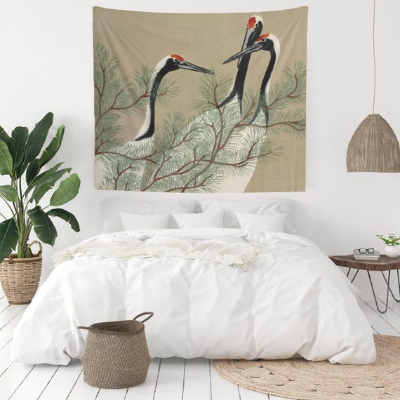 Kamisaka Sekka Crane Bird Tapestry | Vintage Japanese Botanical Wall Hanging, Fine Art Accent Piece
