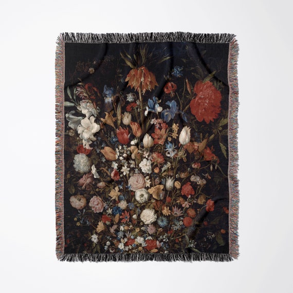 Boho Woven Blanket, Floral Blanket, Vintage Flowers, Botanical Blanket, Floral Throw, Boho Black Blanket, Flower Throw, Plant Blanket