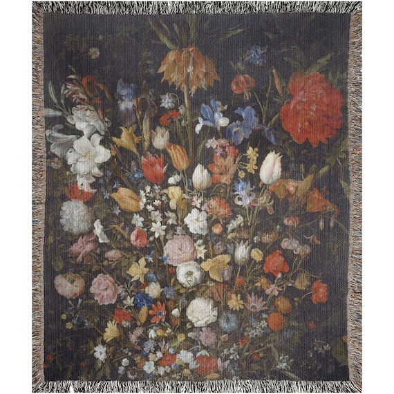 Boho Woven Blanket, Floral Blanket, Vintage Flowers, Botanical Blanket, Floral Throw, Boho Black Blanket, Flower Throw, Plant Blanket