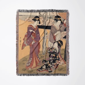 Japanese Blanket, Woven Blankets, Yellow Blanket, Geisha Art, Chinese Blanket, Japanese Tapestry, Utamaro Kitagawa, Oriental Blanket