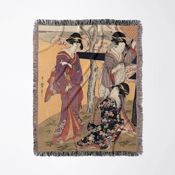 Japanese Blanket, Woven Blankets, Yellow Blanket, Geisha Art, Chinese Blanket, Japanese Tapestry, Utamaro Kitagawa, Oriental Blanket