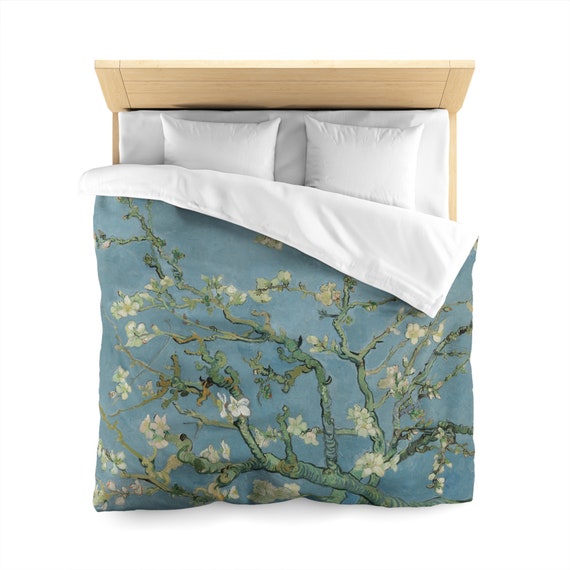 Almond Blossom Duvet, Van Gogh Duvet, Teal Duvet, Flower Duvet Cover, Aqua Duvet, Blue Bedding, Floral Bedding, White Flower Bedding