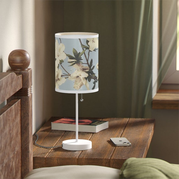 Floral Lamp, Japanese Lamp, Light Blue Decor, White Flowers, Flower Lamp, Bedside Lamp, Plant Lamp, Floral Decor, Japanese Flower
