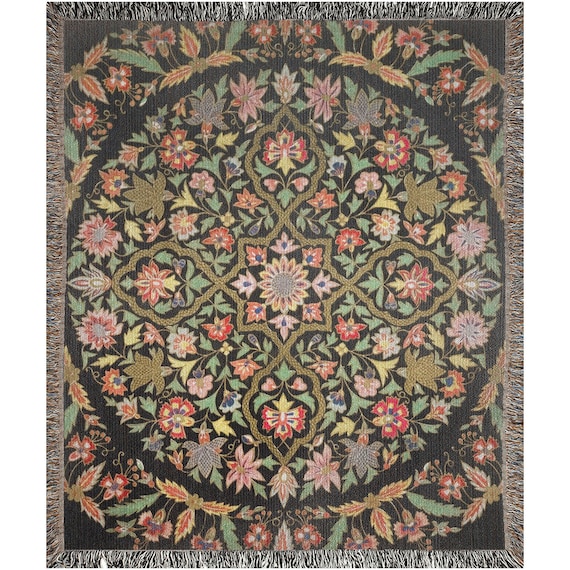 Mandala Blanket, Floral Mandala, Black Woven Blanket, Cottagecore Blanket, Indian Blanket, Floral Blanket, Black Floral, Boho Woven Blanket