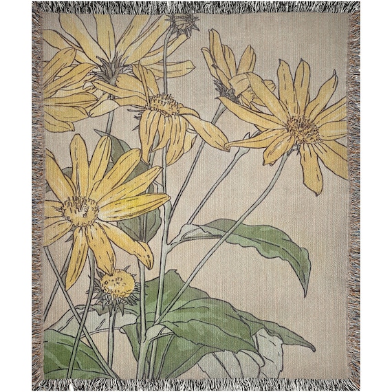 Floral Blanket, Woven Blanket, Boho Blanket, Sunflower Blanket, Yellow Blanket, Nature Throw, Botanical Blanket, Vintage Flowers