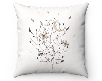 White Throw Pillow, Moon Throw Pillow, Plant Pillow, Moon Decor, Celestial Pillow, Plant Decor, Nursery Pillow, Boho Pillow, Bohemian Decor