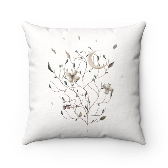 White Throw Pillow, Moon Throw Pillow, Plant Pillow, Moon Decor, Celestial Pillow, Plant Decor, Nursery Pillow, Boho Pillow, Bohemian Decor