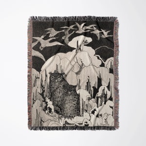 Owl Blanket, Woven Blanket, Owl Decor, Vintage Blanket, Black White Blanket, Owl Gift, Owl Tapestry, Gothic Blanket, Spooky Blanket, Owl Art