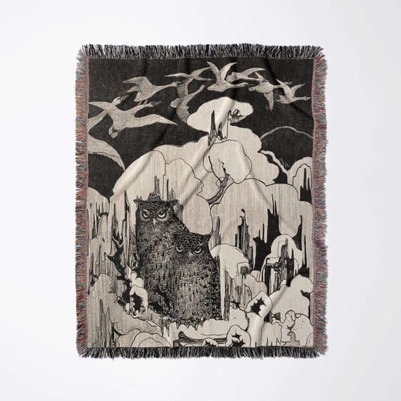 Owl Blanket, Woven Blanket, Owl Decor, Vintage Blanket, Black White Blanket, Owl Gift, Owl Tapestry, Gothic Blanket, Spooky Blanket, Owl Art