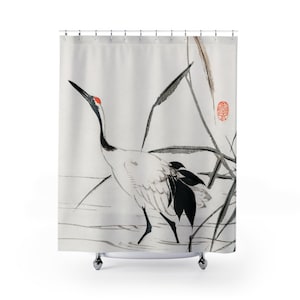 Crane Shower Curtain, White Shower Curtain, Japanese Bathroom, Bird Shower Curtain, Crane Art, Vintage Japan, Japanese Art, Asian Bathroom