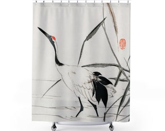 Kranduschdraperi, Vitt duschdraperi, Japanskt badrum, Fågelduschdraperi, Krankonst, Vintage Japan, Japansk konst, Asiatiskt badrum