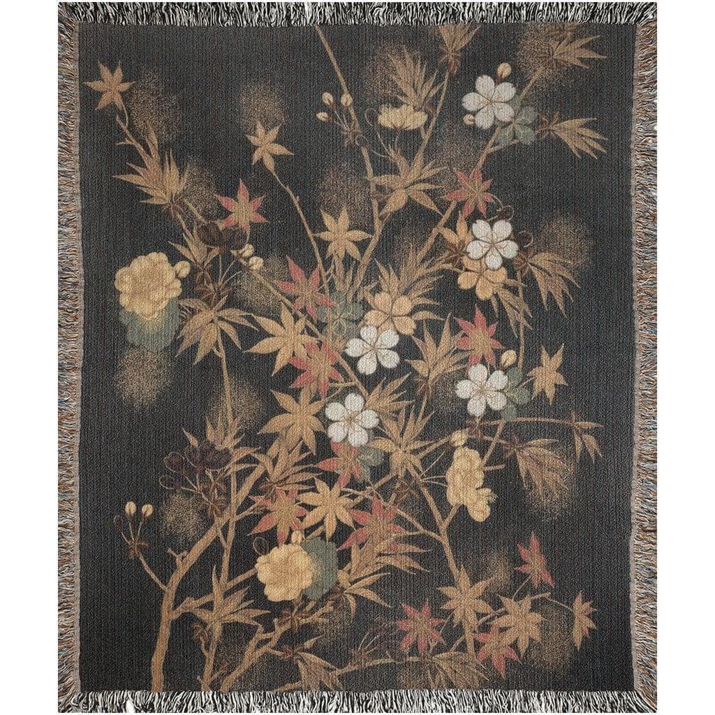 黒のフローラルボタニカル織りブランケット｜ヴィンテージ植物柄