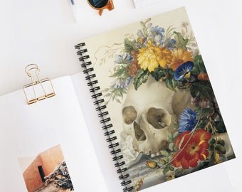 Skull Notebook, Spiral Notebook, Floral Skull, Gothic Notebook, Skull Art, Vintage Skull, Death Art, Skeleton Notebook, Floral Notebook