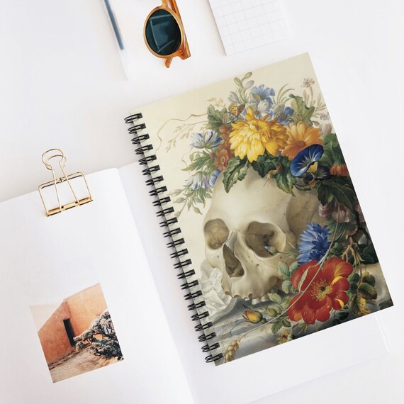 Skull Notebook, Spiral Notebook, Floral Skull, Gothic Notebook, Skull Art, Vintage Skull, Death Art, Skeleton Notebook, Floral Notebook