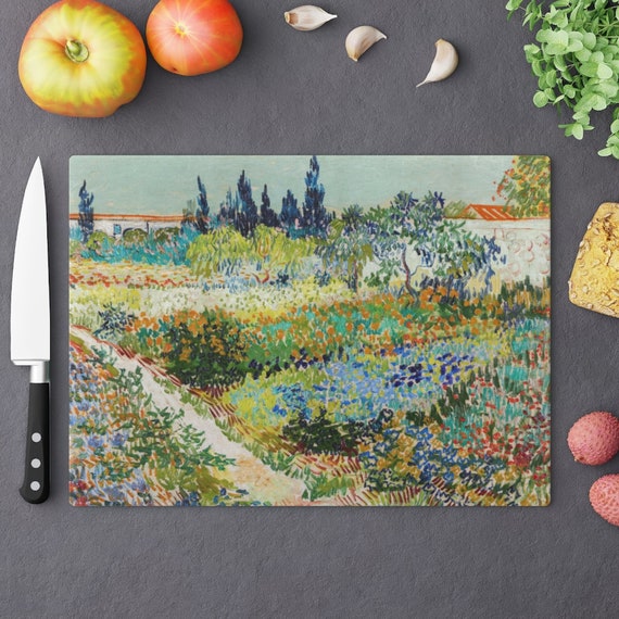 Green Cutting Board, Van Gogh Decor, Art Cutting Board, Glass Cutting Board, Van Gogh Painting, Floral Painting, Floral Cutting Board