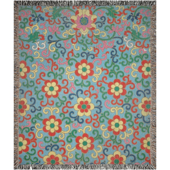 Floral Blanket, Woven Blanket, Botanical Blanket, Floral Bedding, Colorful Blanket, Boho Blanket, Floral Throw, Blue Throw, Flower Blanket